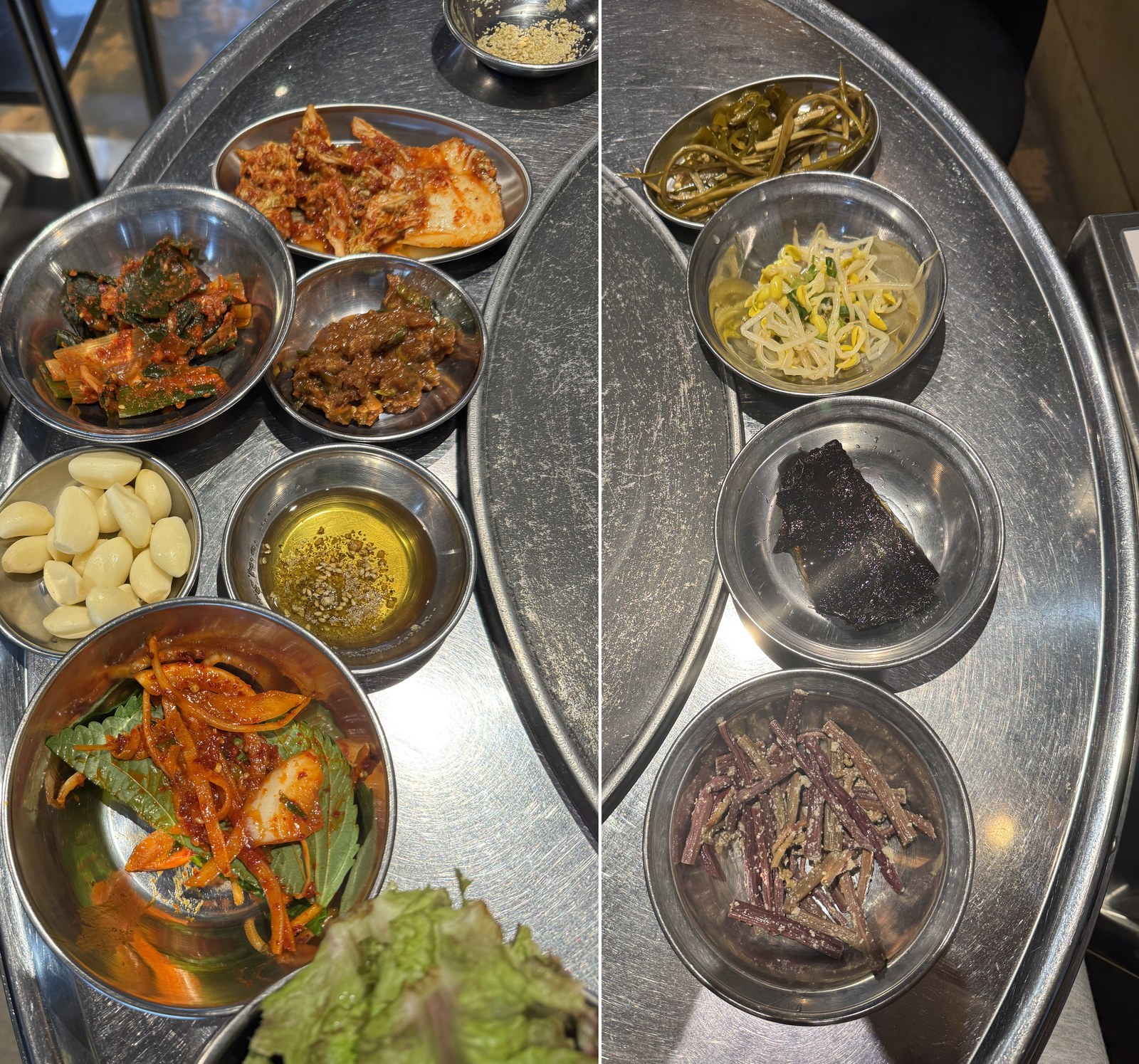 왼쪽은 겉절이와 파김치·쌈장·마늘·기름장, 오른쪽은 줄기 장아찌와 콩나물·김장아찌·고사리